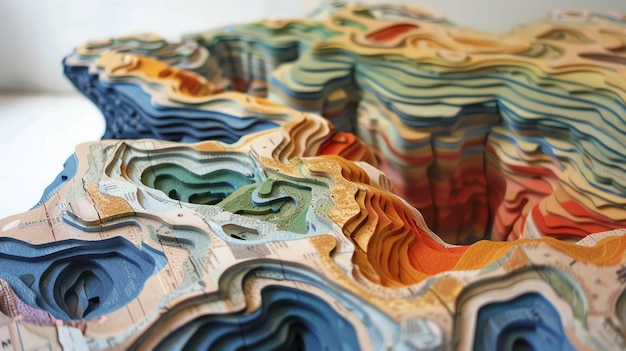 Abstract 3D layered art made from wood and paint reminiscent of a landscape