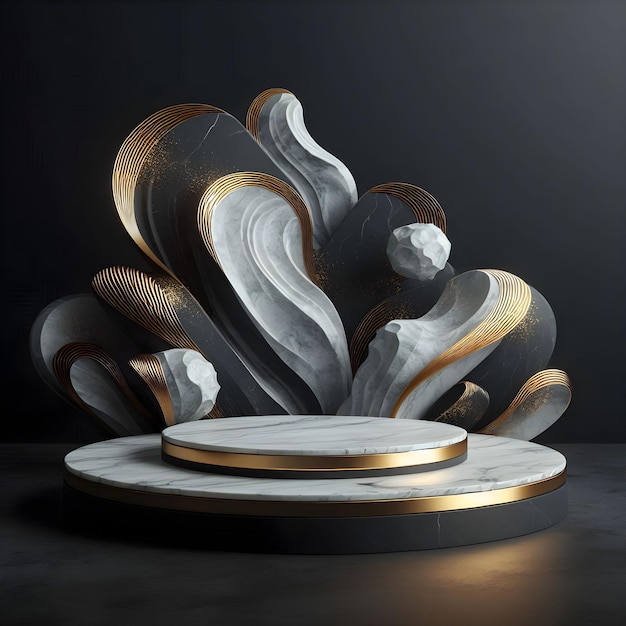 Abstract 3D Marble Sculpture With Gold Accents On Podium