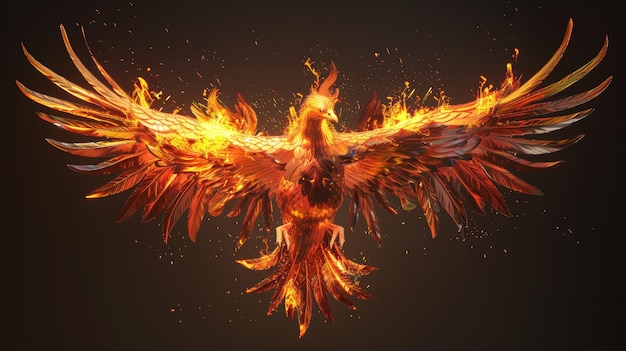 Abstract 3d phoenix bird with golden wings on fiery background in fantasy illustration