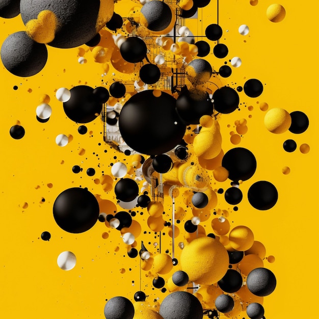 Abstract 3d render of black yellow and orange balls on a yellow background