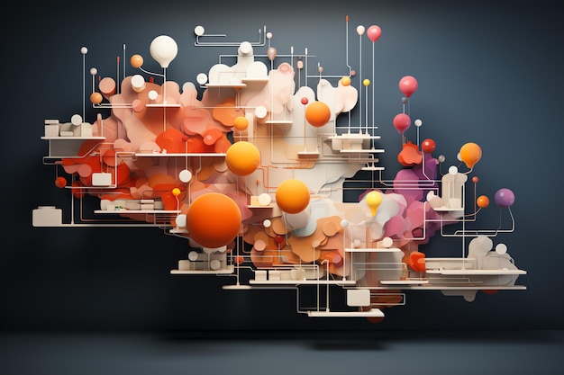 Abstract 3D render of colorful geometric shapes and floating spheres creating a modern art compositi