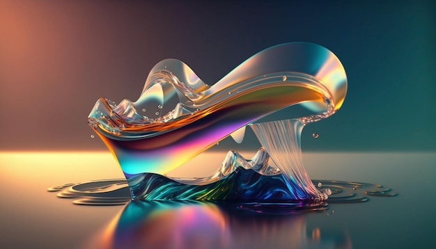 Abstract 3d render Glass ribbon on water Holographic shape in motion Iridescent gradient digital art for banner background wallpaper Transparent glossy design element flying in seascape