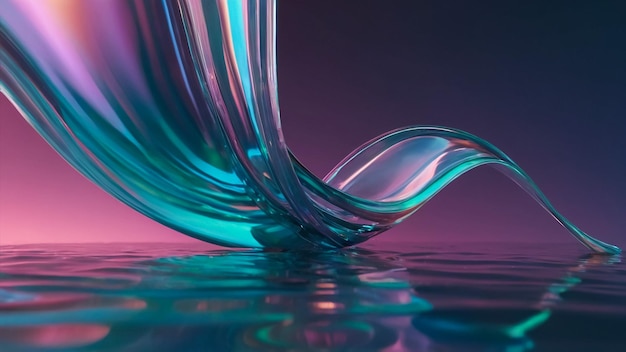 Photo abstract 3d render glass ribbon on water holographic shape in motion iridescent gradient digital