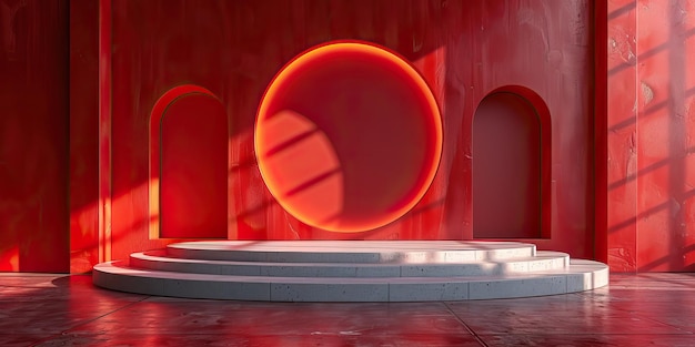 Abstract 3d render podium red and white theme geometric background design