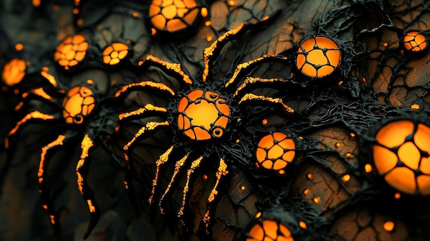 Photo abstract 3d render of spiders with glowing orange eyes