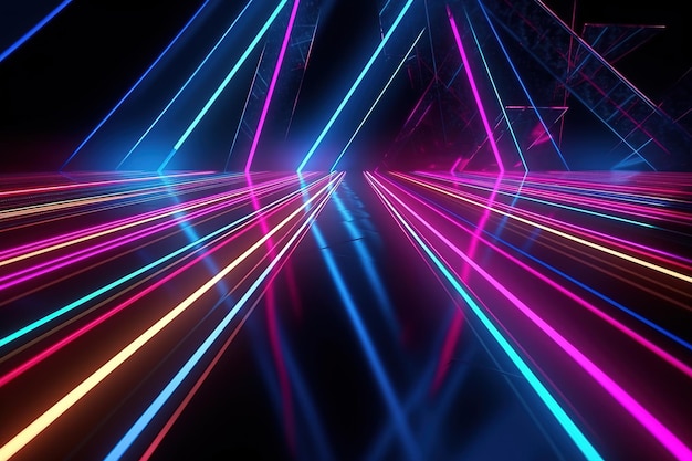 Abstract 3D render with pink and blue neon lines glowing in the dark Digital UV wallpaper