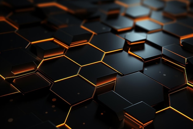 Abstract 3d rendering of black hexagonal background with orange glowing lights