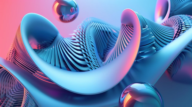 Photo abstract 3d rendering of blue and pink shapes with iridescent spheres