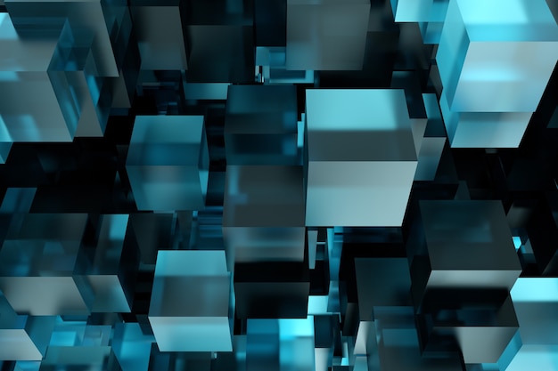 Abstract 3d rendering of chaotic cubes. Flying shapes in empty space. Dynamic background.