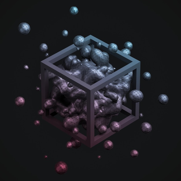 Abstract 3d rendering of chaotic liquid in cube Background with dynamic fluid splash Design element