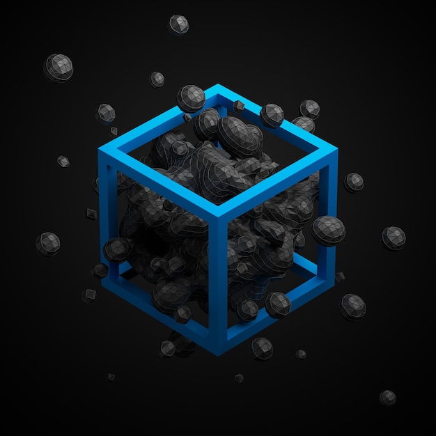 Abstract 3d rendering of chaotic low poly liquid in cube Background with dynamic polygonal fluid splash Design element