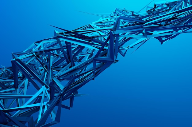 Abstract 3d rendering of chaotic structure. Blue background with futuristic shape in empty space.