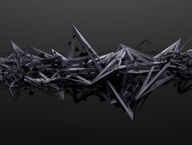 Abstract 3d rendering of chaotic structure. Dark background with futuristic shape in empty space.