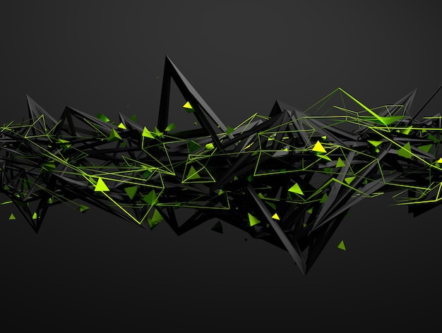 Abstract 3d rendering of chaotic structure. Dark background with futuristic shape in empty space.