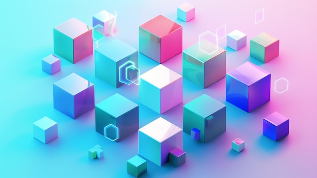 Abstract 3D rendering of colorful cubes with neon lights