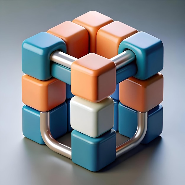 Abstract 3D rendering of a cube with colorful blocks and metallic rods