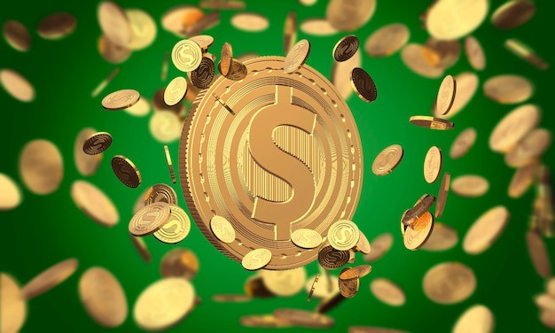 Abstract 3d rendering dollar coin rotation on dark green background