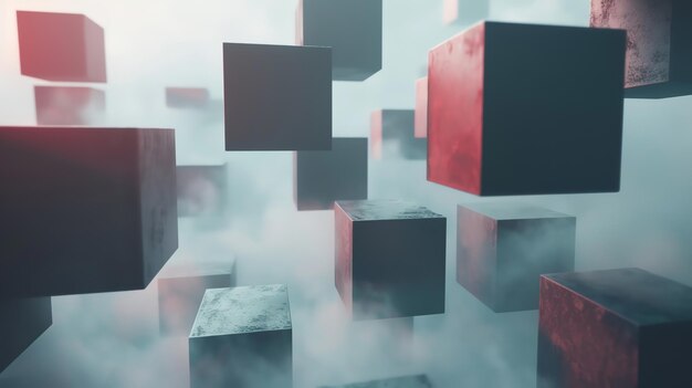 Photo abstract 3d rendering of floating cubes in foggy atmosphere