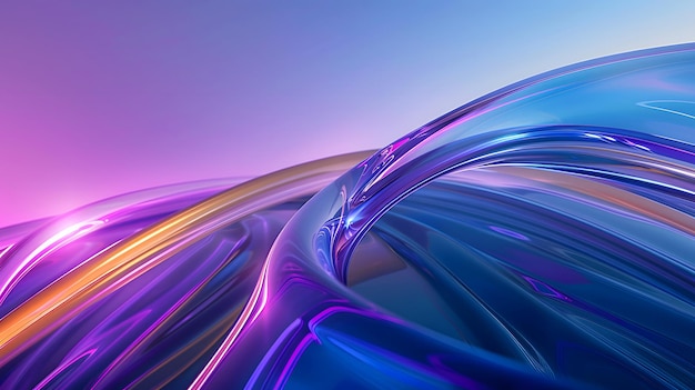 Abstract 3D rendering of fluid shapes in vibrant blue and purple colors with a glossy reflective surface