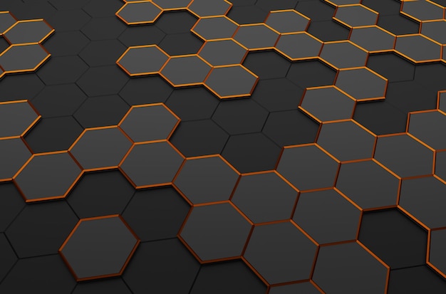 Abstract 3d rendering of futuristic surface with hexagons. Dark sci-fi background.