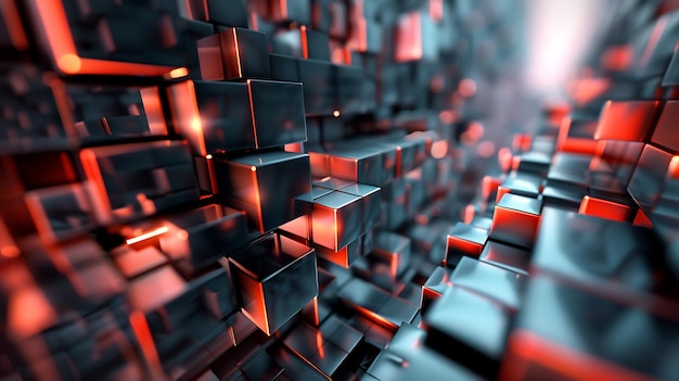 Abstract 3D rendering of a futuristic tunnel made of glowing red and black cubes