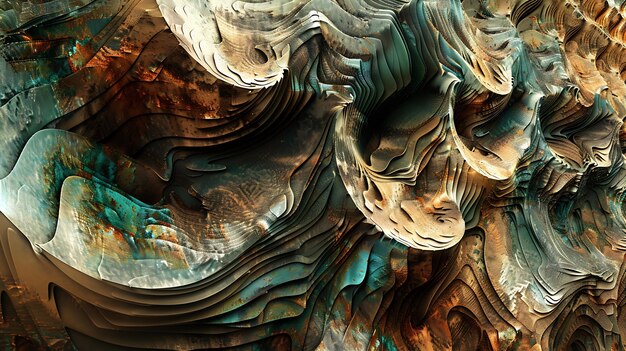 Abstract 3D rendering of a landscape with a rough rocky surface The colors are brown teal and gray