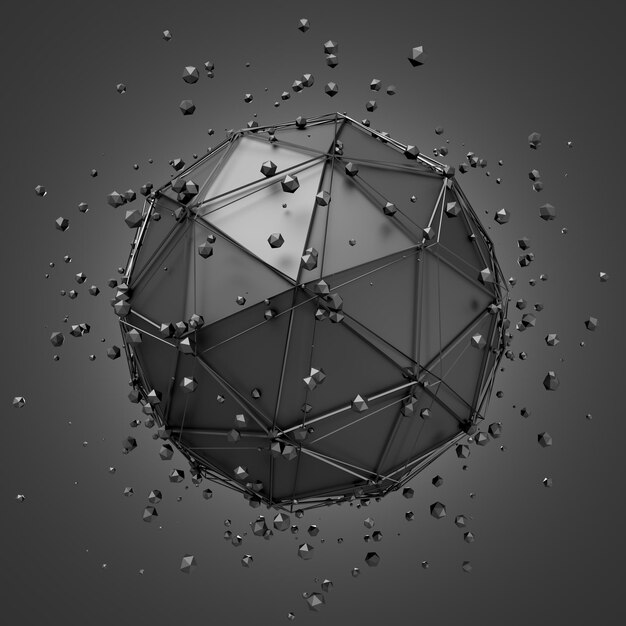 Abstract 3d rendering of low poly metal sphere with chaotic structure Scifi background