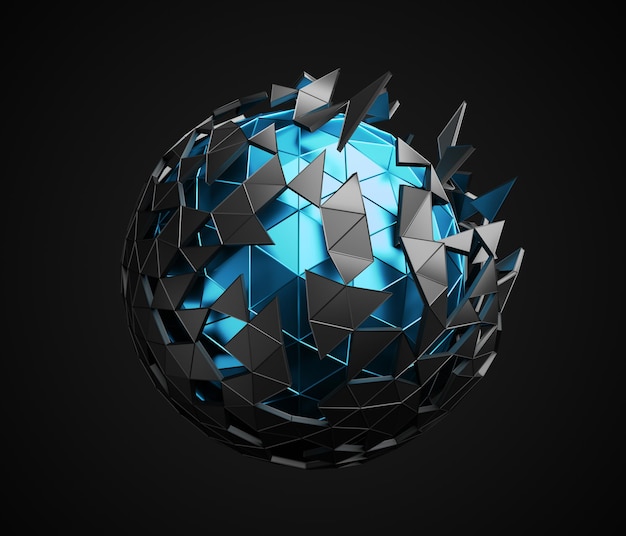 Abstract 3d rendering of low poly sphere with chaotic structure Scifi background