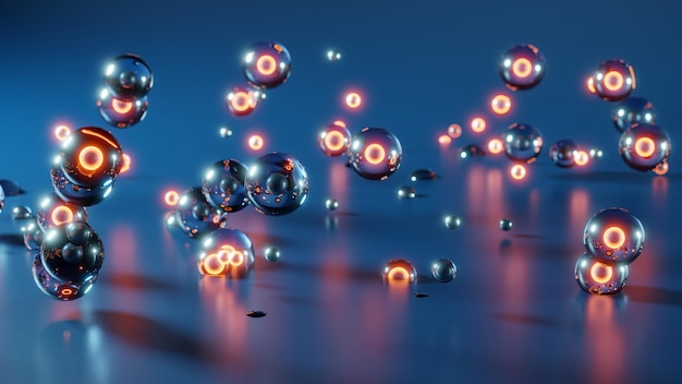 Abstract 3d rendering of many spheres with glowing lights on the floor