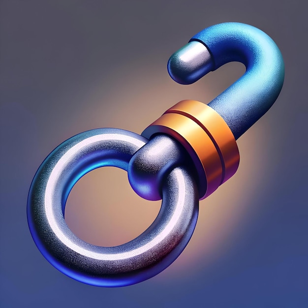 Abstract 3D rendering of a metallic hook and ring perfect for futuristic tech and industrial designs