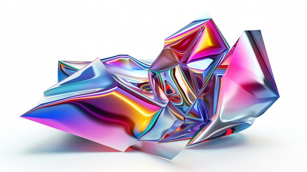 Abstract 3D rendering of multicolored metallic shapes on a white background