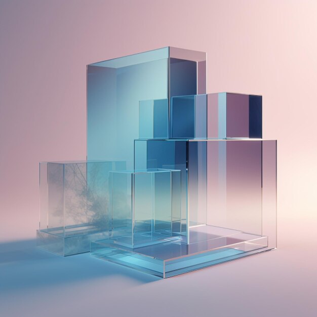 An abstract 3D rendering scene with layers of glass transparency