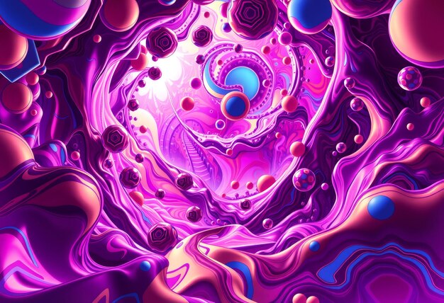 Abstract 3D rendering of a surreal landscape with a spiral staircase and colorful spheres