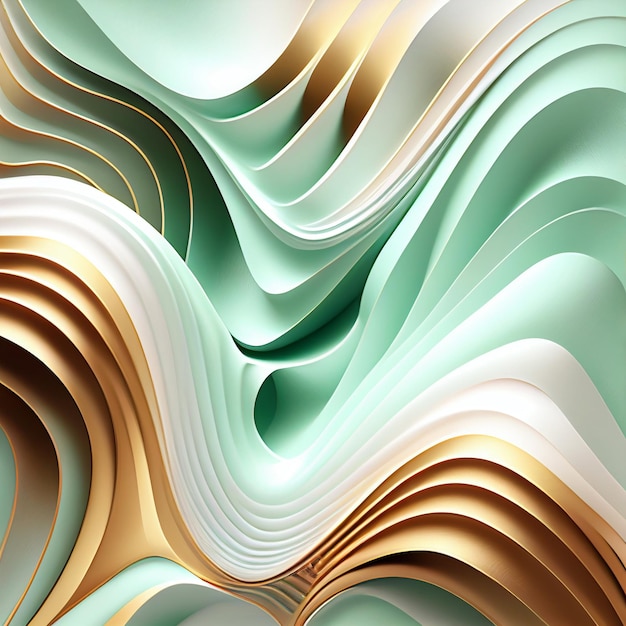 Abstract 3d rendering of a wavy pattern of green and gold generative ai