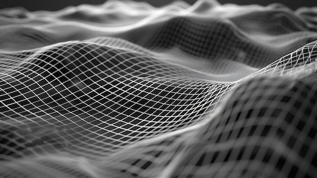 Photo abstract 3d rendering of a white grid creating a wavy flowing geometric pattern