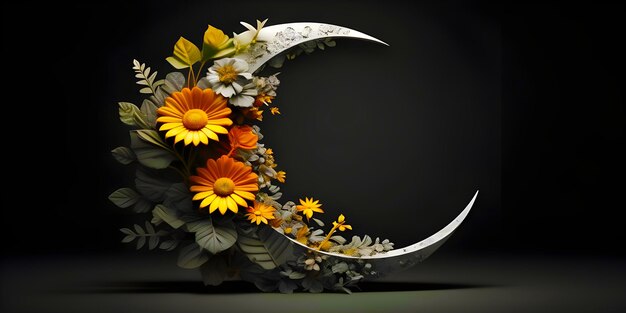 Photo abstract 3d shape half sun half moon foliage and flowers incorporated