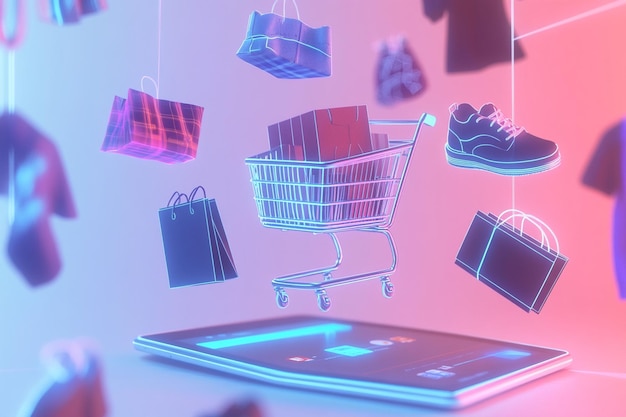 An abstract 3D shopping cart icon filled with floating neonlit product boxes