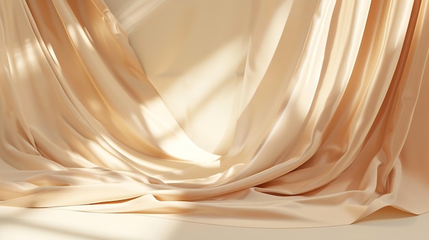 Abstract 3d studio with draping silk fabric and shadow on cream beige pastel monochr Generative AI