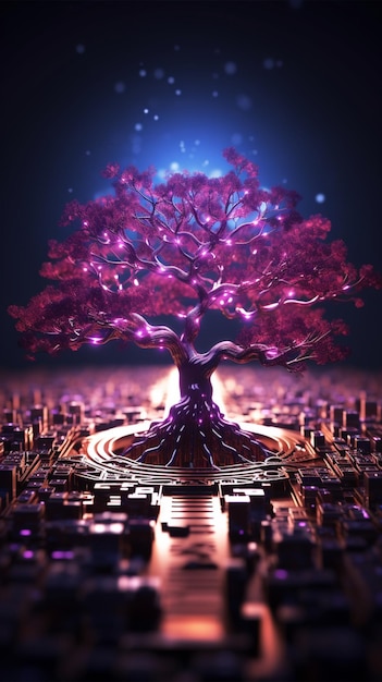 Abstract 3D tree Pink and purple circuits on a dark backdrop Vertical Mobile Wallpaper