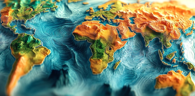 Photo abstract 3d world map with continents and ocean in blue tones