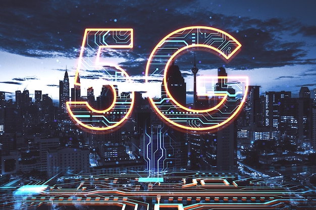 Abstract 5G hologram on blurry night city background Speed internet and technology communication concept Double exposure