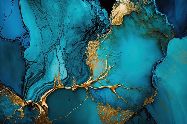 Abstract acohol ink art blue and gold background Ai generated