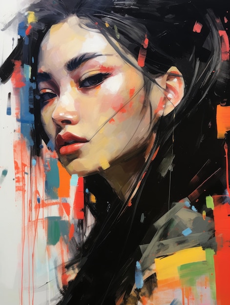 Abstract Acrylic Portrait of Asian Girl Looking Right AI Generated