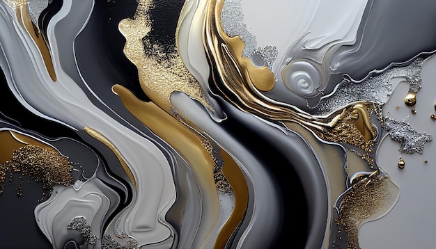 Abstract acrylic texture background fluid art black white and gold splatter paint mixing paint effect generative ai