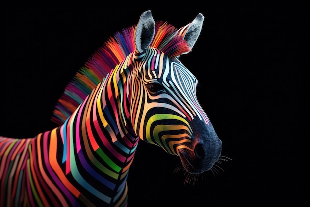 Abstract animal African Zebra portrait with multi colored colorful on skin body Generative AI