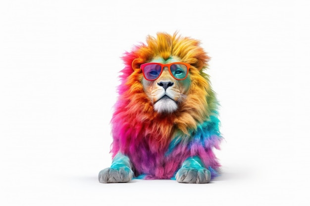 Abstract animal king of Lion portrait with colorful hairs isolated on white background Generative AI