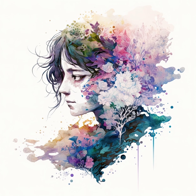 Abstract anime double exposure watercolor flower Digital illustration AI