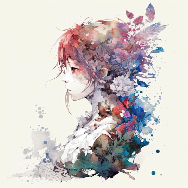 Abstract anime double exposure watercolor flower Digital illustration AI