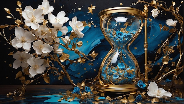 Abstract antique hourglass time with a blue and golden sand inside it