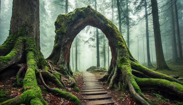 Abstract arch made of tree roots on forest path Mysterious portal to another world magical place